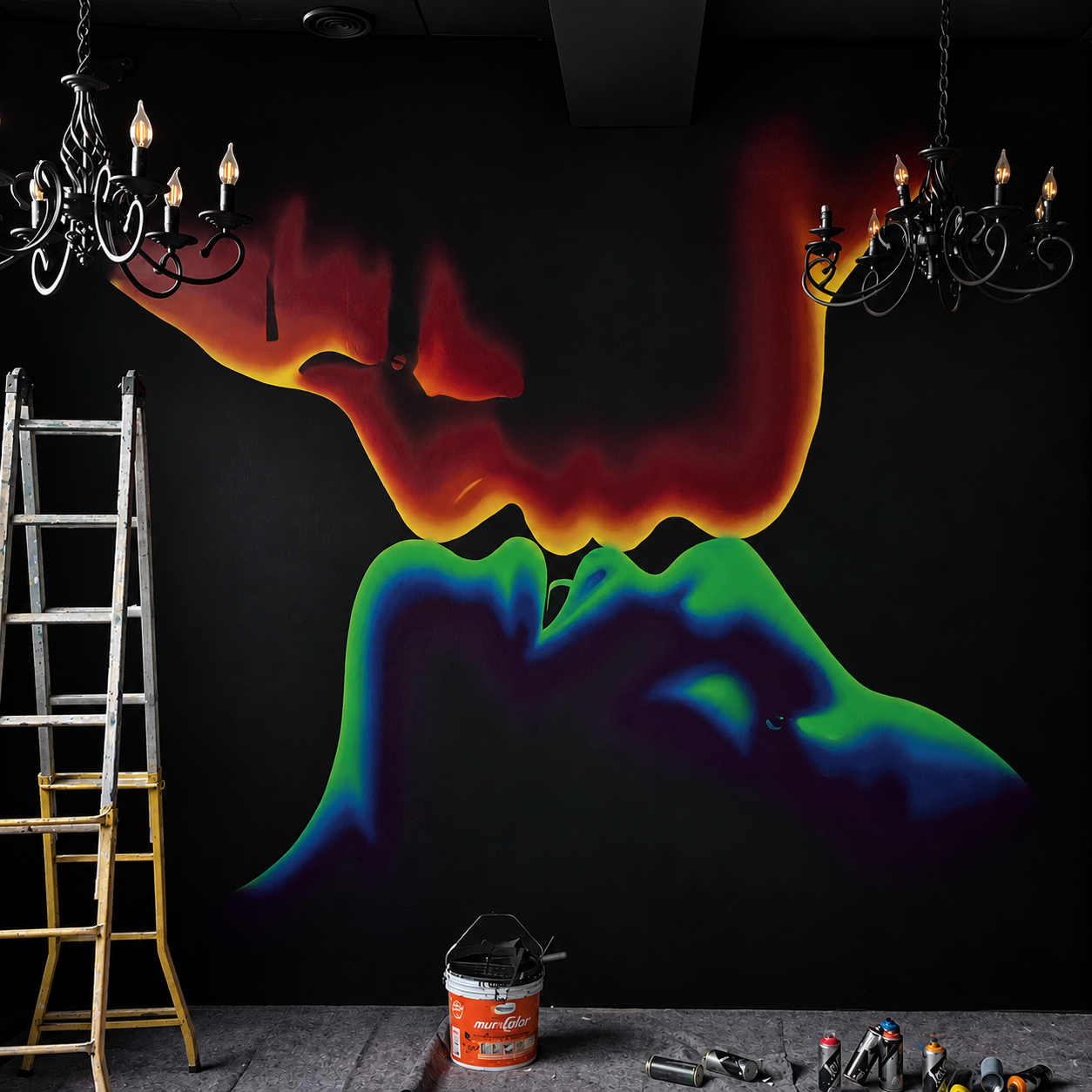 Stylized mouth mural painted on a dark interior wall